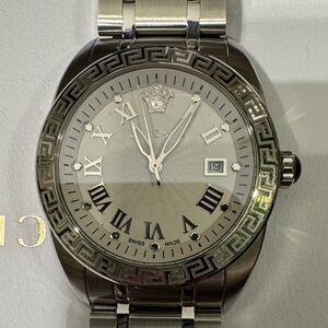 Versace Silver and Black Watch with Greek Key Design Needs Replacement Battery